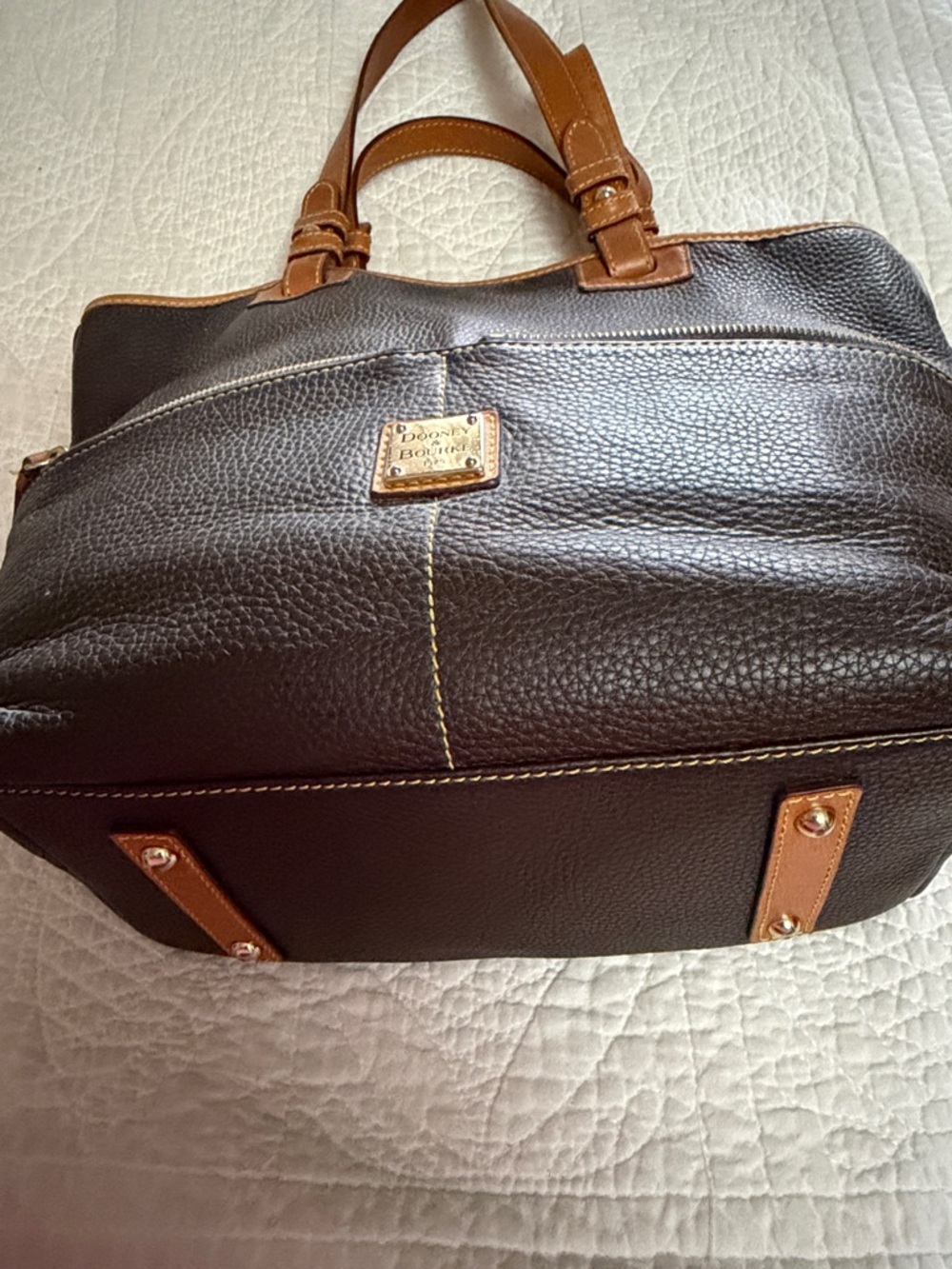 Dooney & Bourke Dark Brown Leather Tote with Tan Trim - Picture 3 of 5